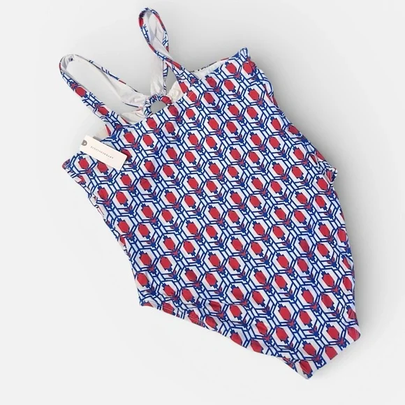 New Anthropologie Swimsuit Geometric‎ Blue Motif Tile One Piece Sz L